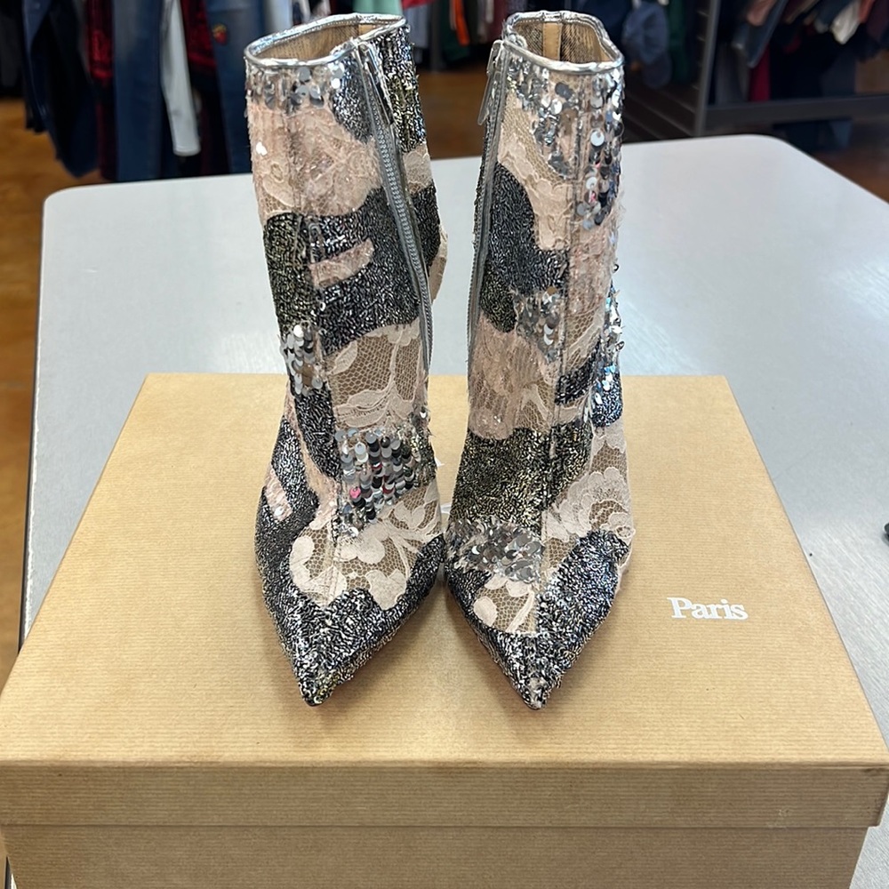 Christian Louboutin Pink Lace and Silver Sequin Heeled Ankle Boots Gipsy Bootie